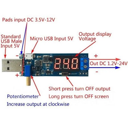 DC-DC автомат 15W in=4-13V USB вход; Out:1.2-30V верх/низ с дисплеем